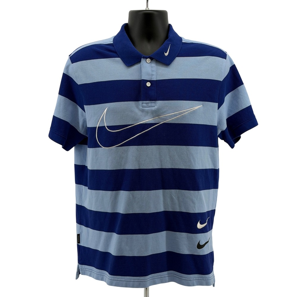 Nike Sportswear Polo Mens M Blue Striped Swoosh CJ4909-436 Short Sleeve Pique